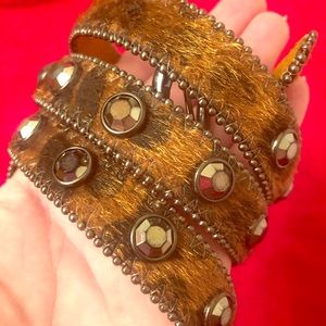 Genuine leather and cow hair leopard jeweled belt